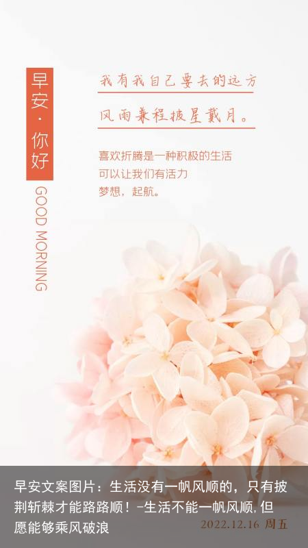 早安文案图片：生活没有一帆风顺的，只有披荆斩棘才能路路顺！-生活不能一帆风顺,但愿能够乘风破浪