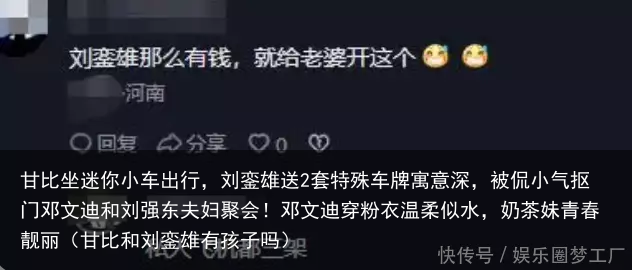 甘比坐迷你小车出行，刘銮雄送2套特殊车牌寓意深，被侃小气抠门（甘比和刘銮雄有孩子吗）