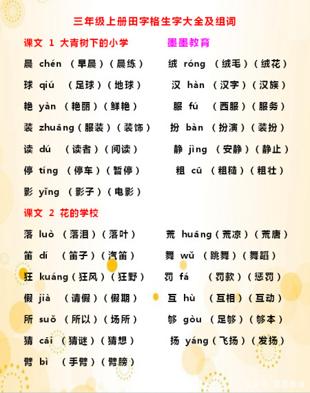 三年级语文田字格生字大全，生字注音、组词，孩子必备辅导资料！-三年级语文生字田字格书写图片