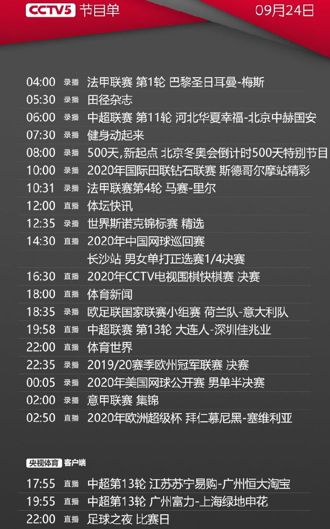 央视今日节目单，CCTV5直播中超+欧洲超级杯拜仁，5+转恒大和申花-央视节目单节目表今日